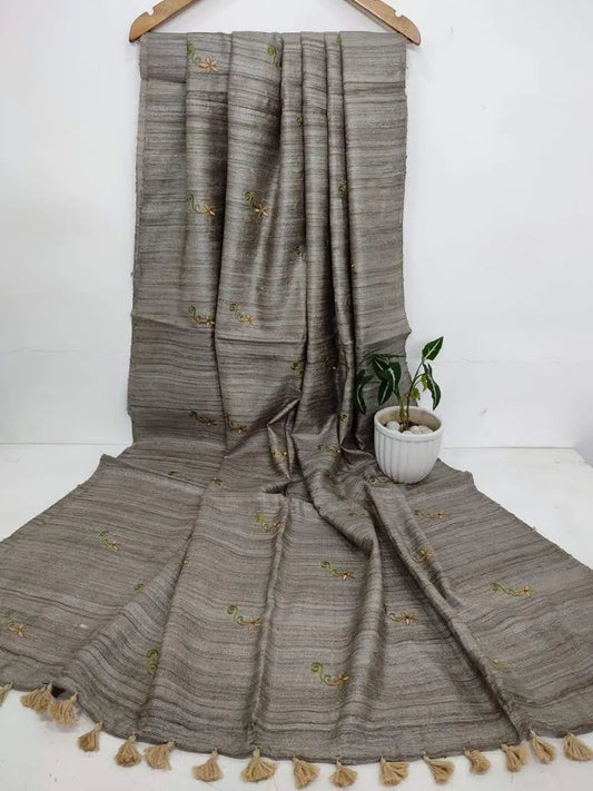 Grey Tussar Silk Saree with Floral Embroidery | KIHUMS Saree kihums clothing