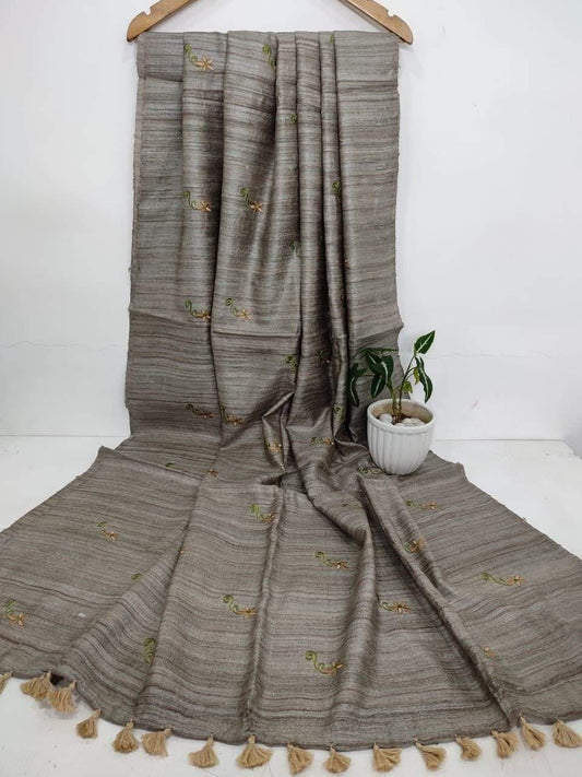 Grey Tussar Silk Saree with Floral Embroidery | KIHUMS Saree