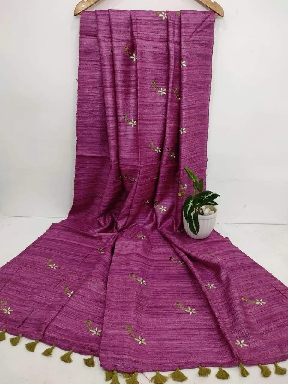 Magenta Tussar Silk Saree with Floral Embroidery | KIHUMS Saree kihums clothing