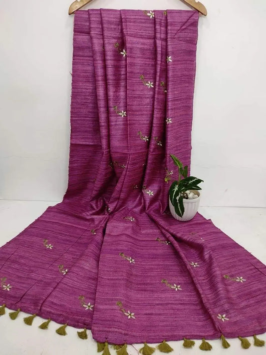 Magenta Tussar Silk Saree with Floral Embroidery | KIHUMS Saree kihums clothing
