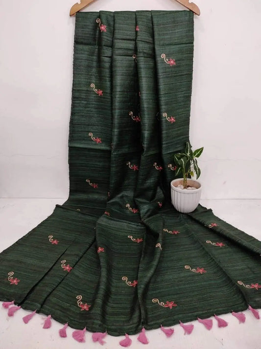 Dark Green Tussar Silk Saree with Floral Embroidery | KIHUMS Saree kihums clothing