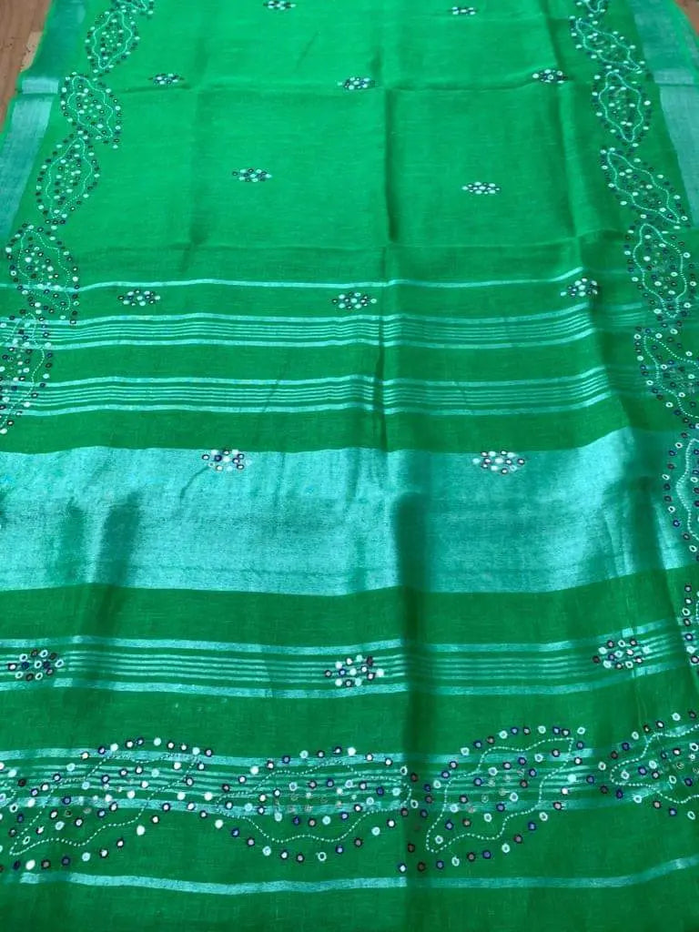 Green Handmade Pure Linen Saree | Red Border | Mirror Work | KIHUMS Saree kihums clothing