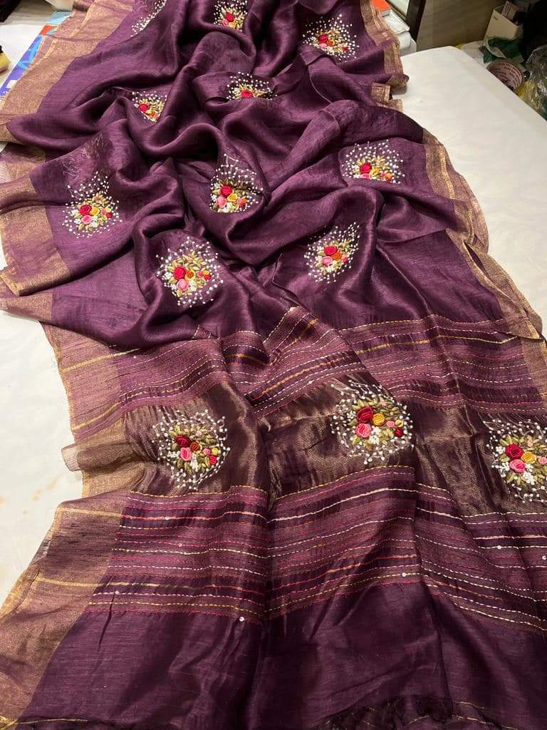 Brinjal Shade Silk Linen with Floral Embroidery | KIHUMS Saree