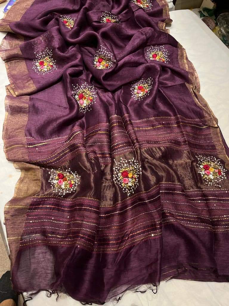 Brinjal Shade Silk Linen with Floral Embroidery | KIHUMS Saree