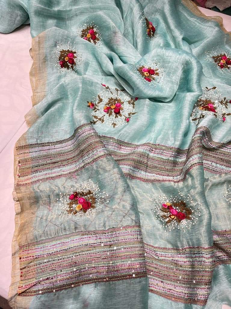 Powder Blue Silk Linen with Floral Embroidery | KIHUMS Saree