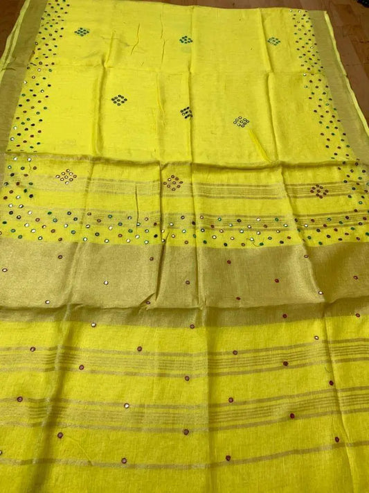 Lemon Yellow Handmade Pure Linen Saree | Red Border | Mirror Work | KIHUMS Saree kihums clothing