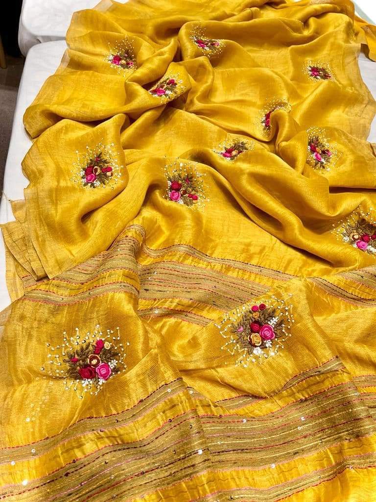 Yellow Silk Linen with Floral Embroidery | KIHUMS Saree kihums clothing