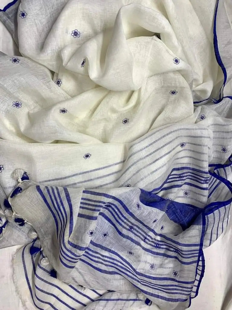 White Linen Saree with Embroidery Work | Contrast Border | KIHUMS Saree kihums clothing