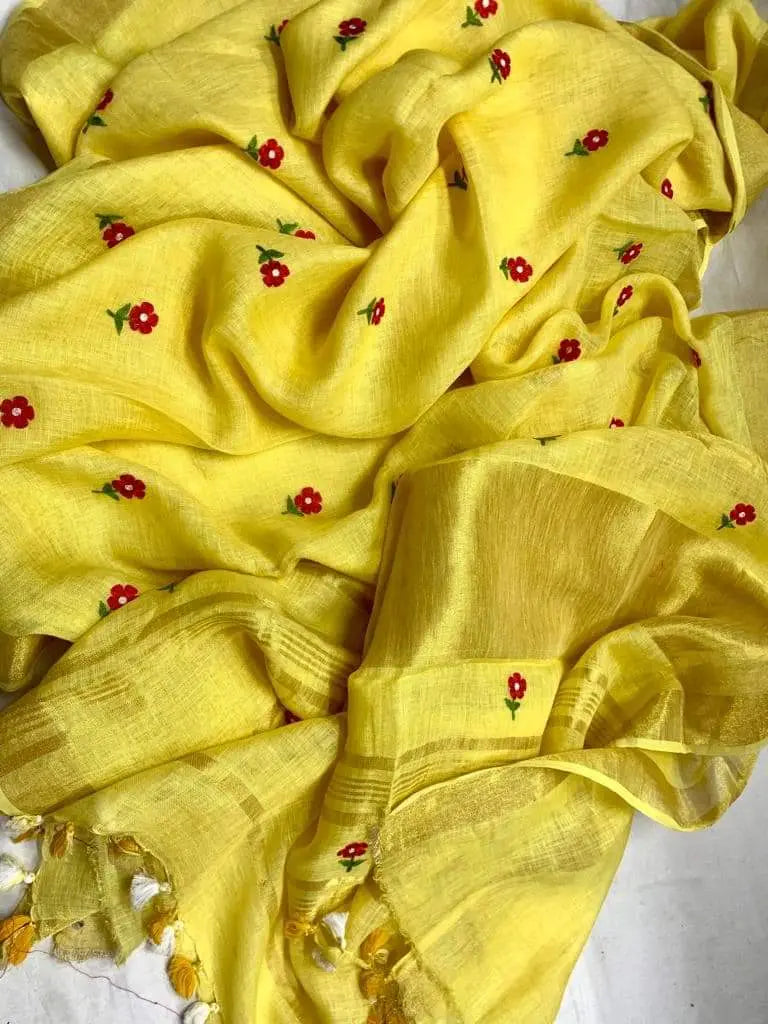 Yellow Linen Saree with Embroidery Work | Gold Zari Border | KIHUMS Saree kihums clothing