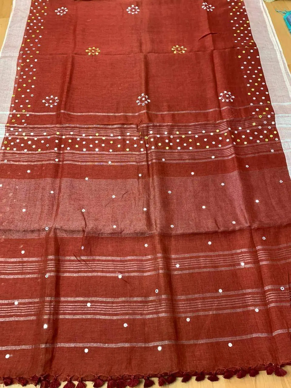 Maroon Handmade Pure Linen Saree | Red Border | Mirror Work | KIHUMS Saree kihums clothing
