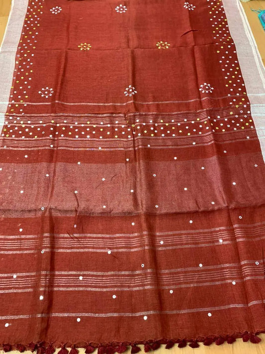 Maroon Handmade Pure Linen Saree | Red Border | Mirror Work | KIHUMS Saree kihums clothing