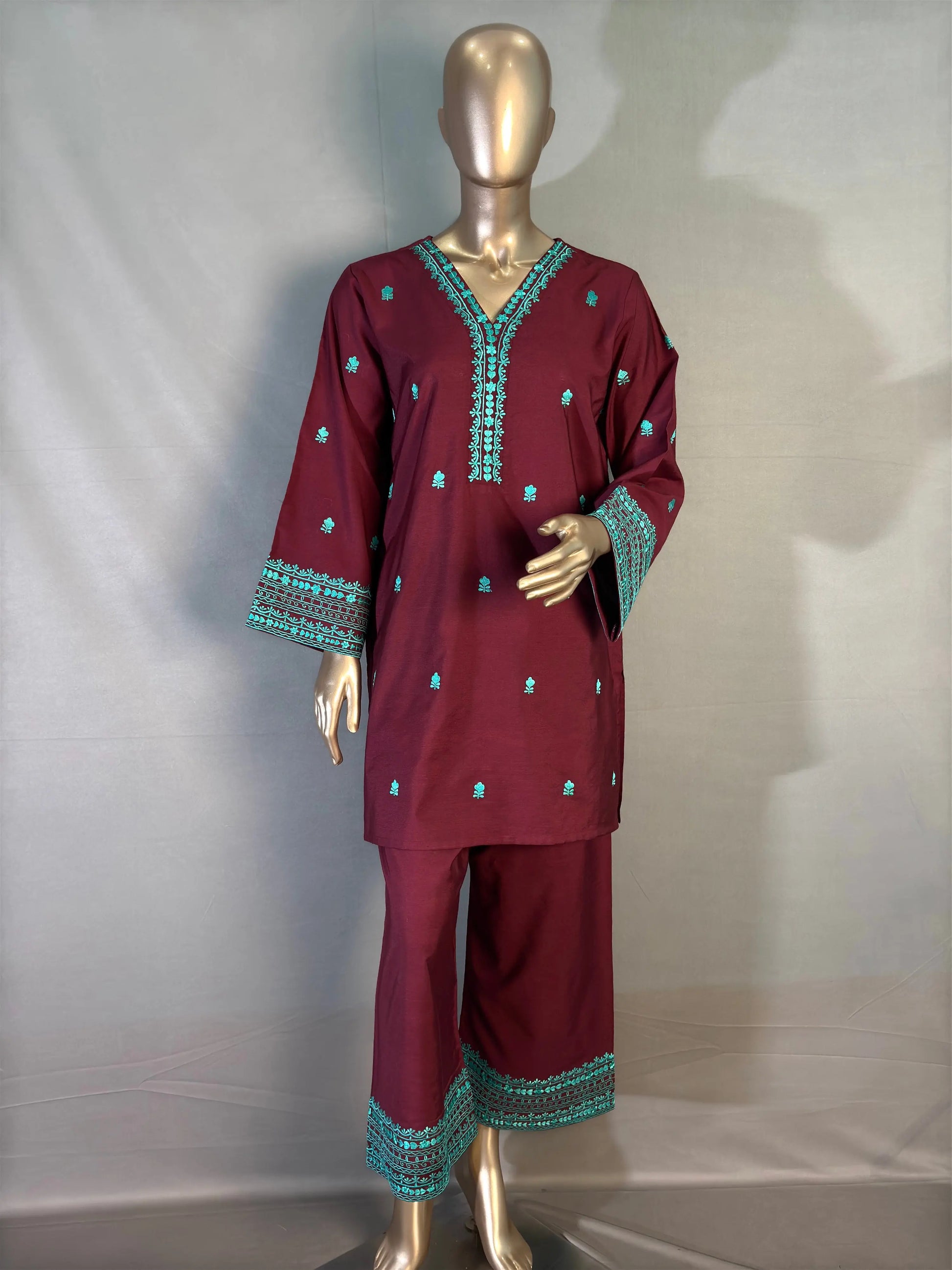 Maroon with Turquoise Embroidered Pakistani Style Co-ord sets kihums clothing