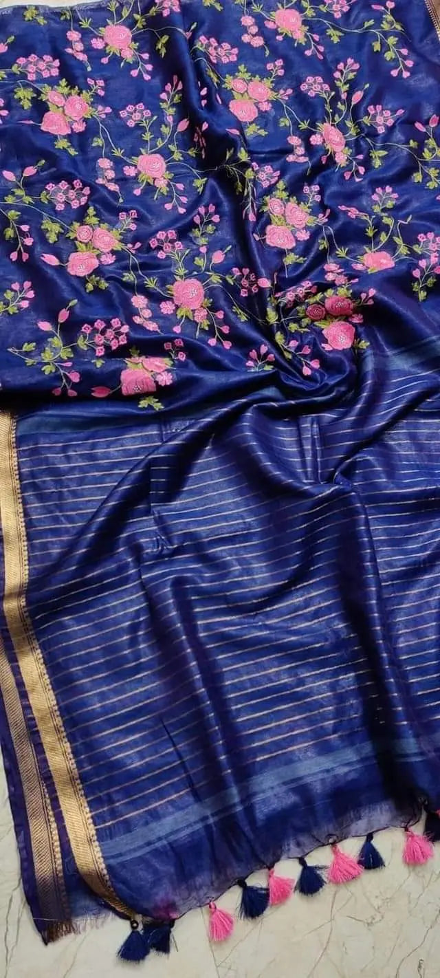 Blue Silk Linen Saree with Floral Embroidery | KIHUMS Saree kihums clothing