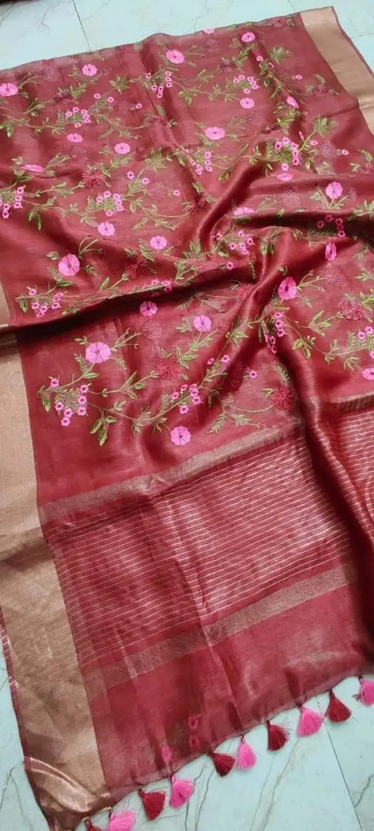 Dark Rust Shade Silk Linen Saree with Floral Embroidery | KIHUMS Saree kihums clothing