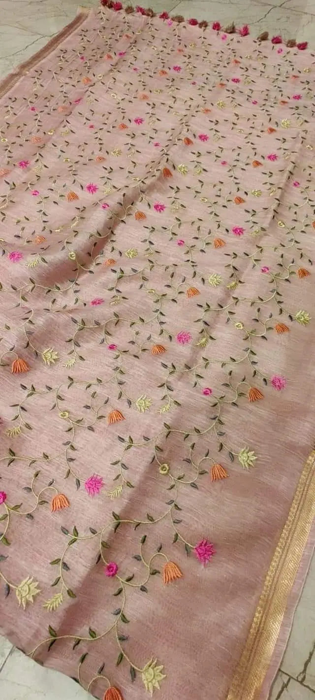 Pastel Pink Shade Silk Linen Saree with Floral Embroidery | KIHUMS Saree kihums clothing