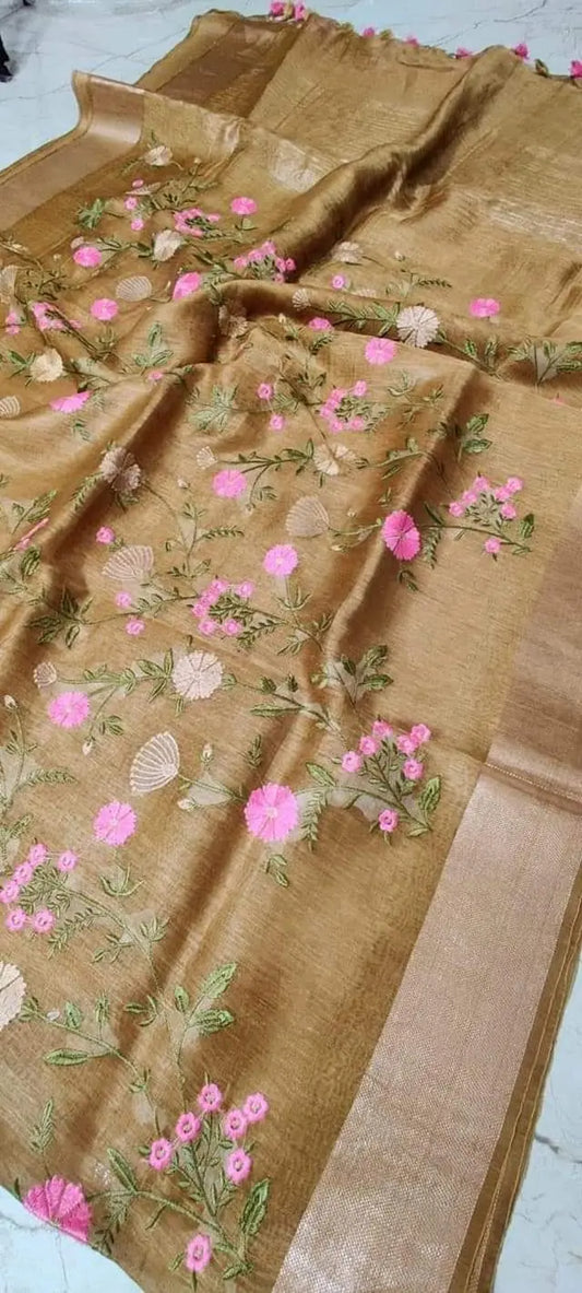 Golden Shade Silk Linen Saree with Floral Embroidery | KIHUMS Saree kihums clothing