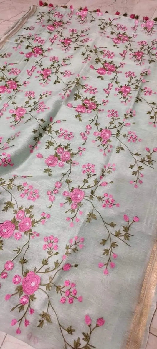 Mint Shade Silk Linen Saree with Floral Embroidery | KIHUMS Saree kihums clothing