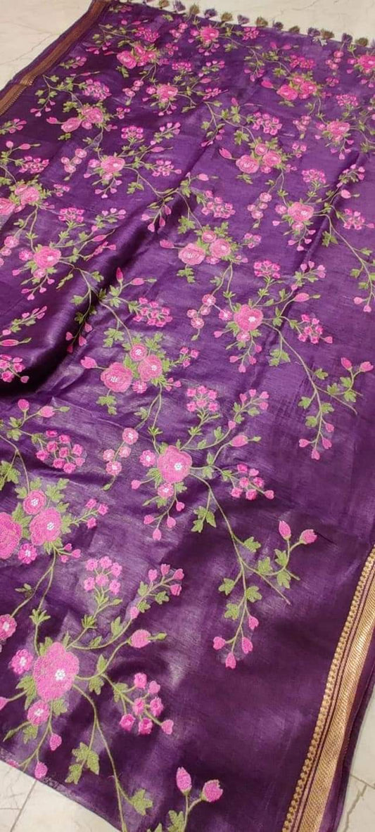 Purple Silk Linen Saree with Floral Embroidery | KIHUMS Saree