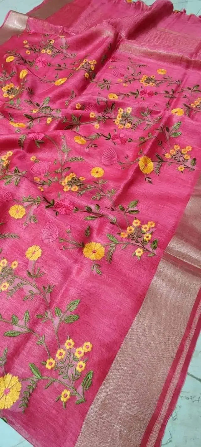 Coral Pink Shade Silk Linen Saree with Floral Embroidery | KIHUMS Saree kihums clothing