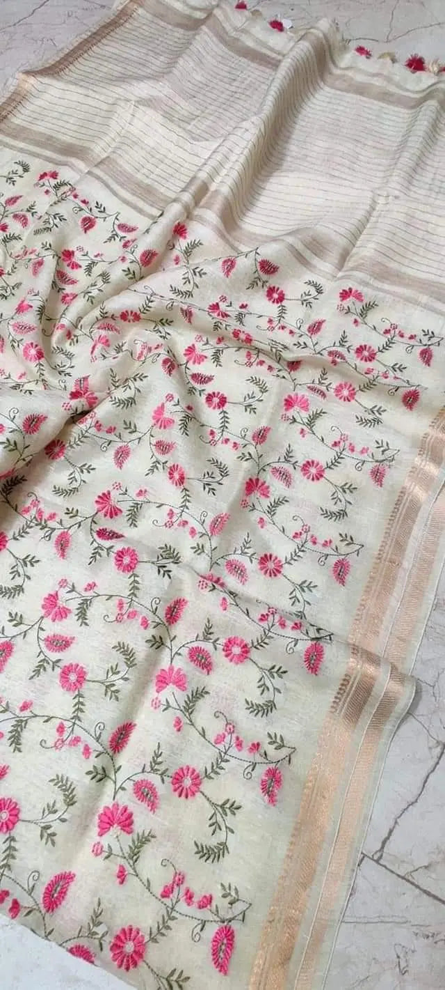 Off White Silk Linen Saree with Floral Embroidery | KIHUMS Saree