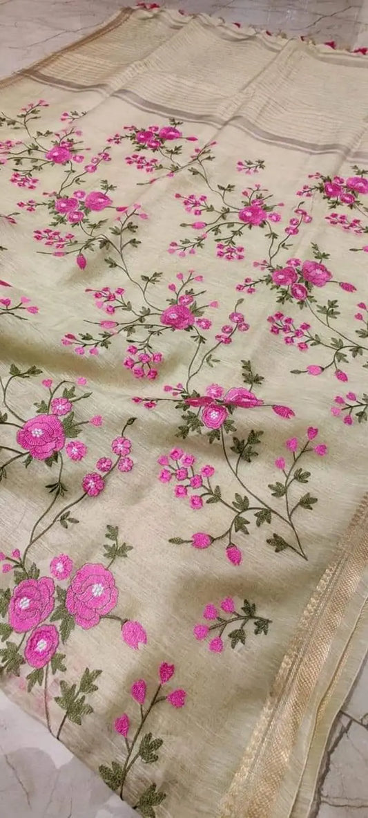 Light Yellow Shade Silk Linen Saree with Floral Embroidery | KIHUMS Saree kihums clothing