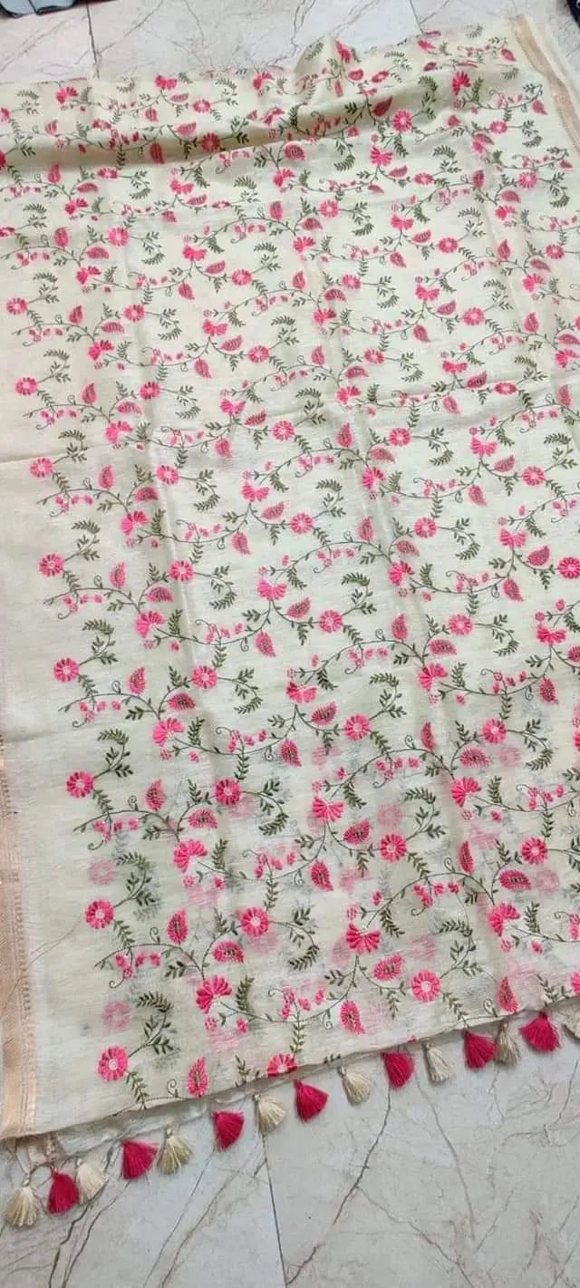 Off White Silk Linen Saree with Floral Embroidery | KIHUMS Saree