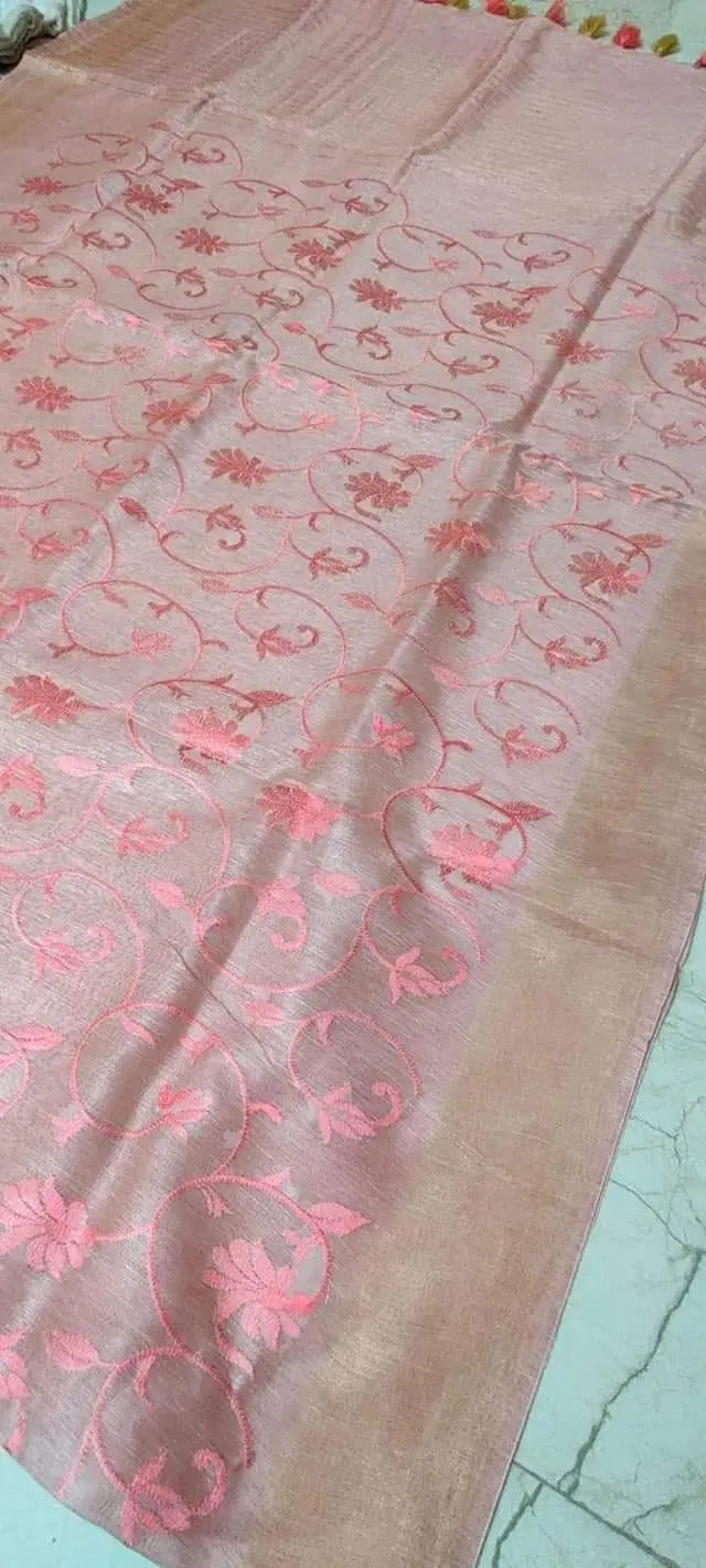 Pastel Pink Shade Silk Linen Saree with Floral Embroidery | KIHUMS Saree kihums clothing