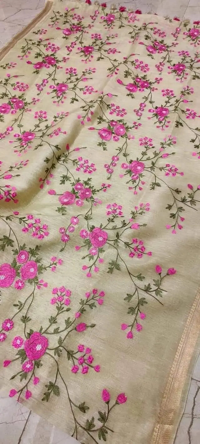Light Yellow Shade Silk Linen Saree with Floral Embroidery | KIHUMS Saree kihums clothing