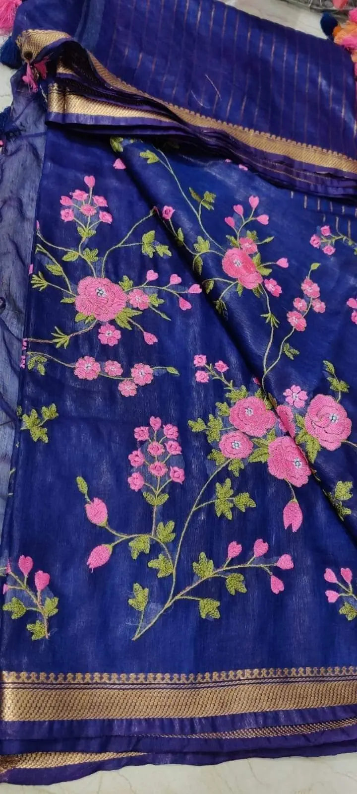 Blue Silk Linen Saree with Floral Embroidery | KIHUMS Saree kihums clothing