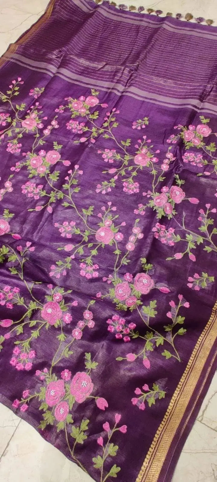 Purple Silk Linen Saree with Floral Embroidery | KIHUMS Saree