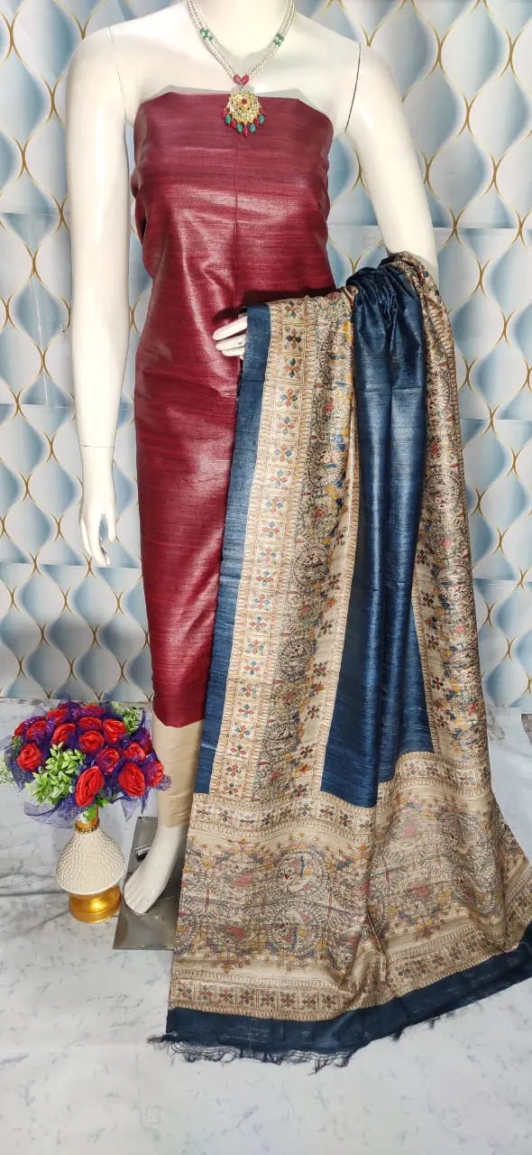 Wine Shade Handloom Tussar Dupion Silk Unstitched Dress Material kihums clothing