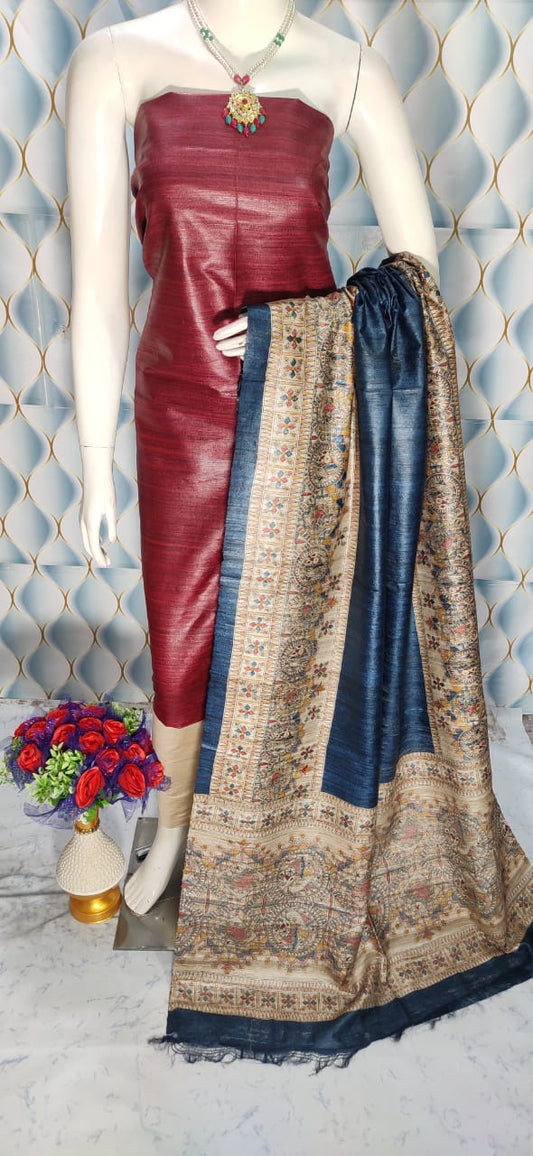 Wine Shade Handloom Tussar Dupion Silk Unstitched Dress Material