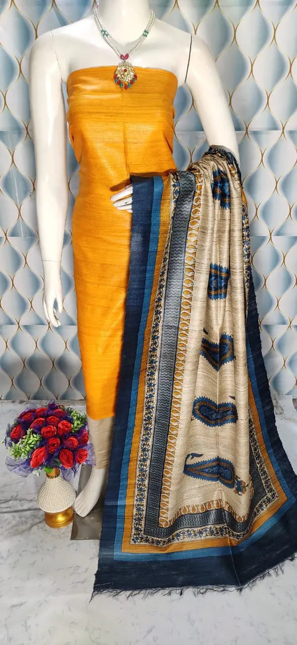 Yellow Shade Handloom Tussar Silk Unstitched Dress Material kihums clothing