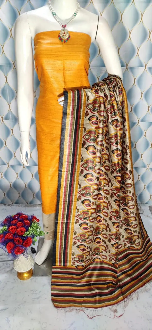 Yellow Shade Handloom Tussar Silk Unstitched Dress Material kihums clothing