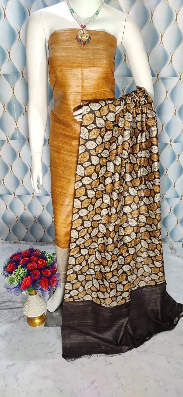 Yellow Shade Handloom Tussar Silk Unstitched Dress Material kihums clothing