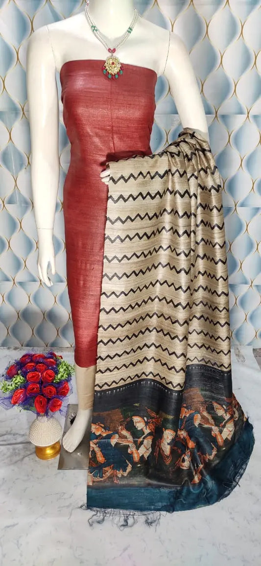 Dark Red Shade Handloom Tussar Silk Unstitched Dress Material kihums clothing