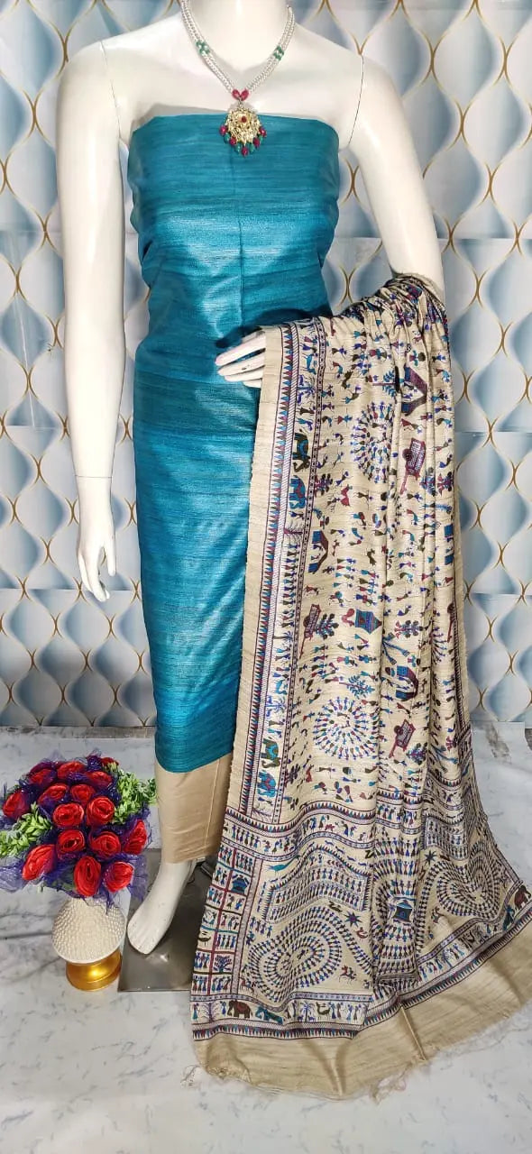 Blue Handloom Tussar Silk Unstitched Dress Material