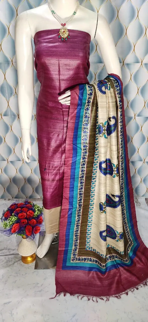 Magenta Handloom Tussar Silk Unstitched Dress Material