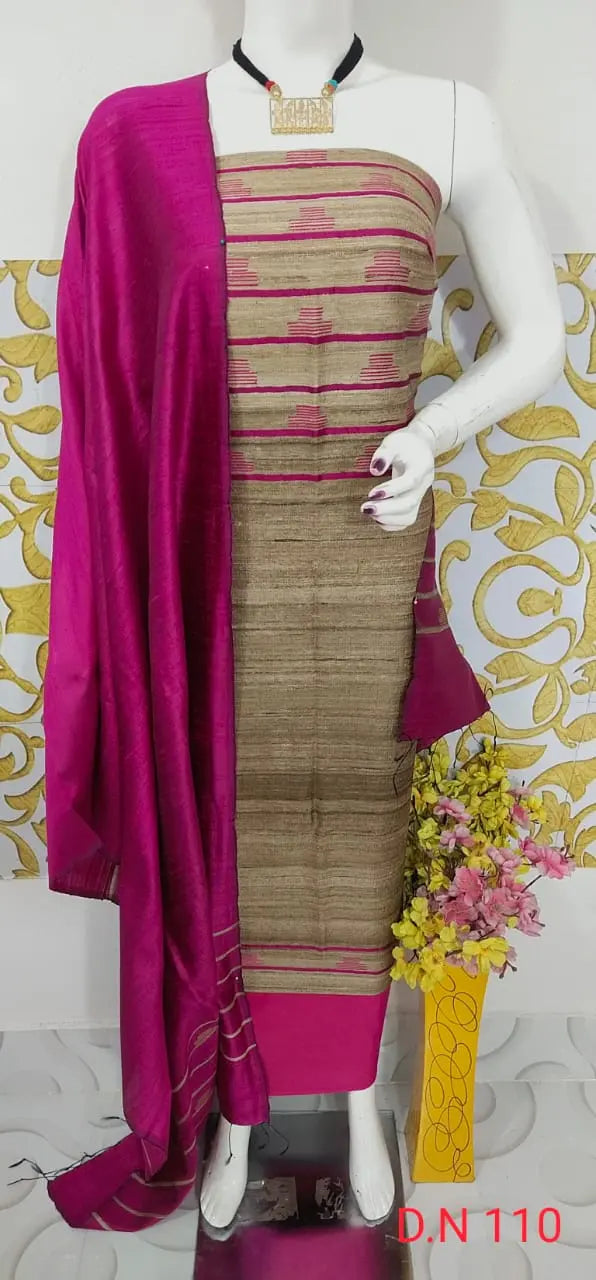 Beige Shade Handloom Dupion Tussar Silk Unstitched Dress Material kihums clothing