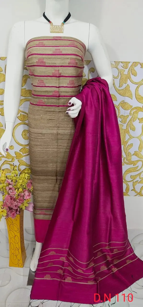 Beige Shade Handloom Dupion Tussar Silk Unstitched Dress Material kihums clothing