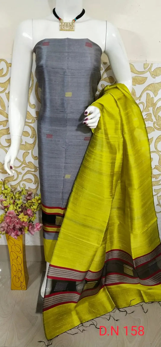 Grey Shade Handloom Dupion Tussar Silk Unstitched Dress Material kihums clothing