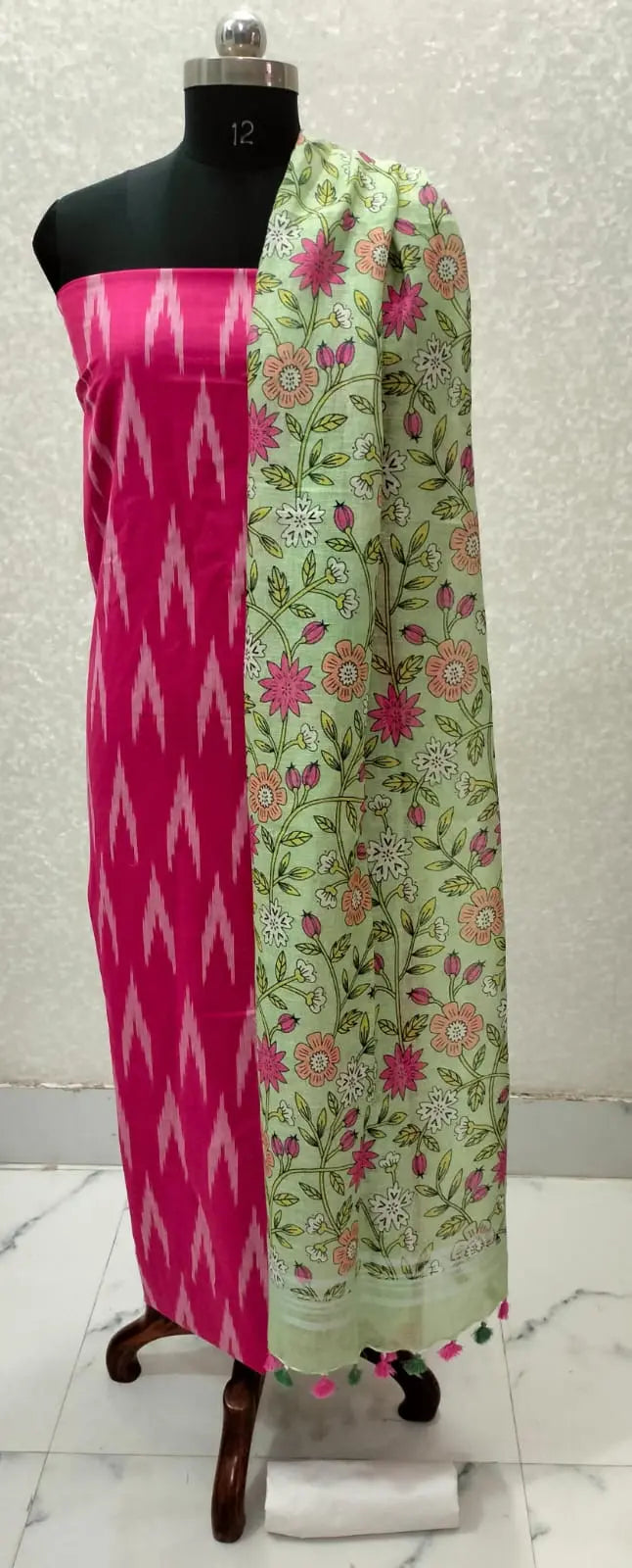 Pink Shade Handloom Ikkat Top and Printed Linen Dupatta 2Pc Unstitched Dress Material kihums clothing