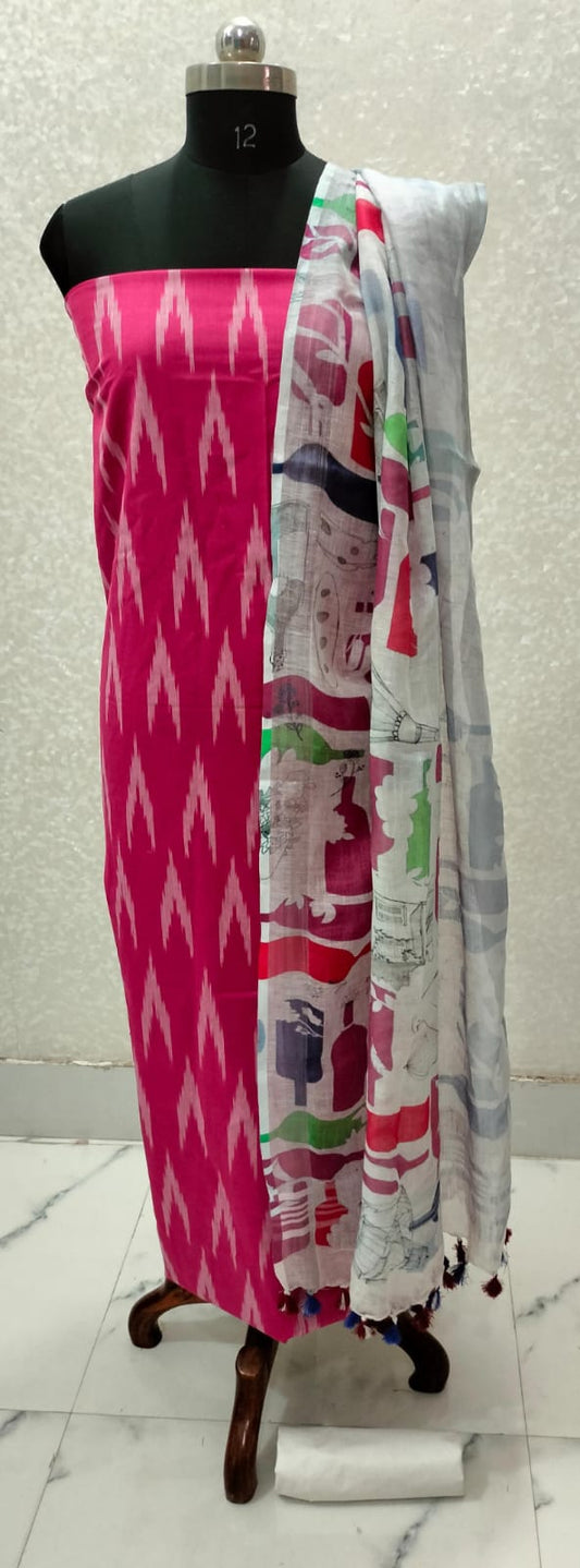 Pink Shade Handloom Ikkat Top and Printed Linen Dupatta 2Pc Unstitched Dress Material
