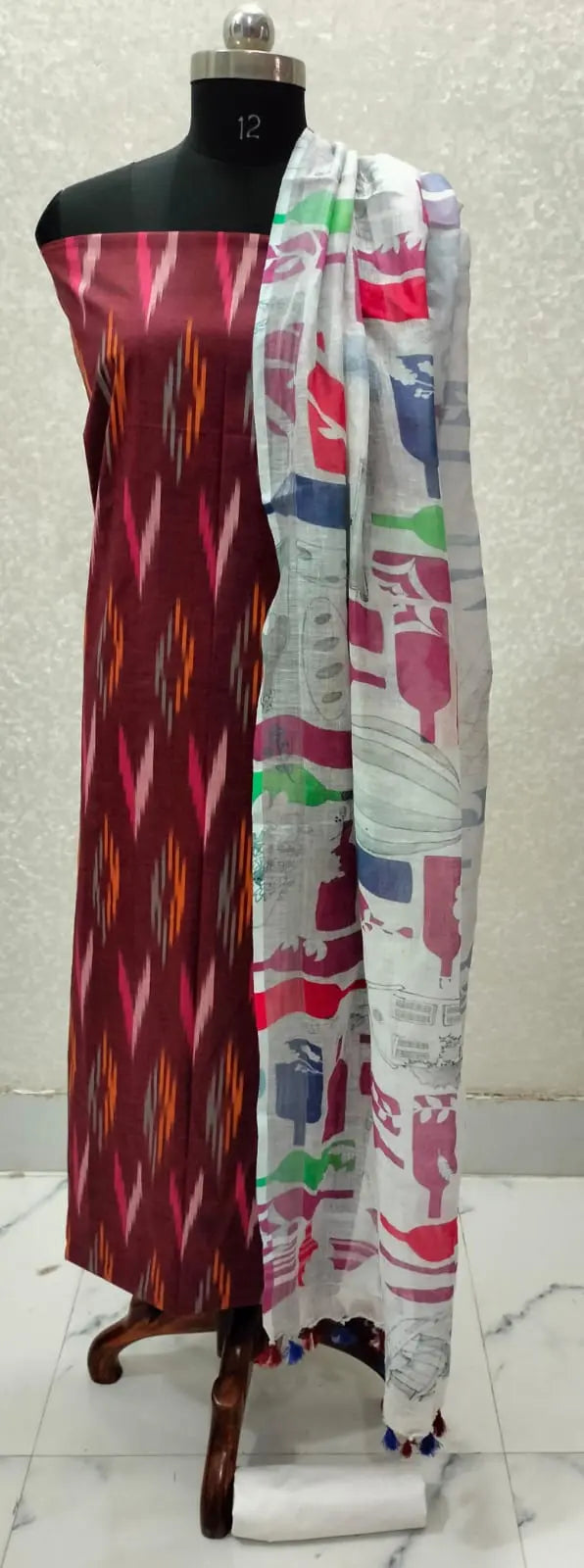 Wine Shade Handloom Ikkat Top and Printed Linen Dupatta 2Pc Unstitched Dress Material