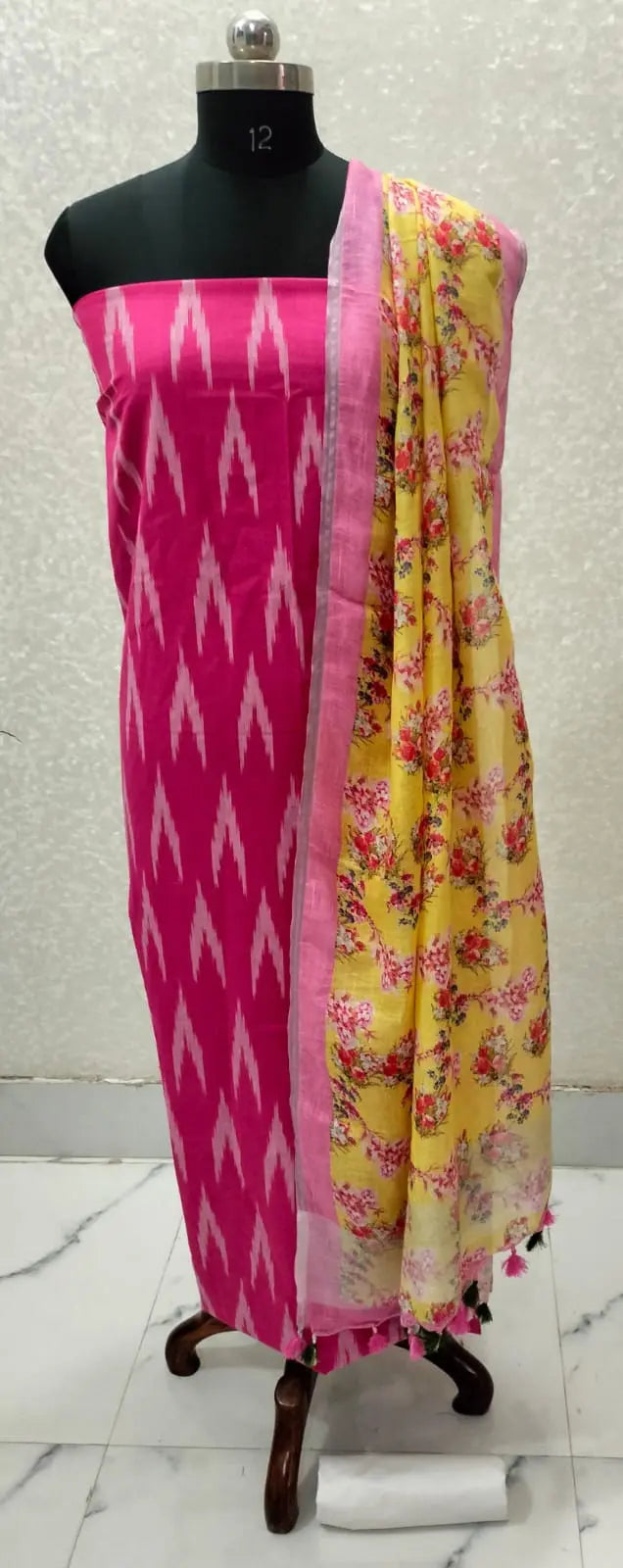 Pink Shade Handloom Ikkat Top and Printed Linen Dupatta 2Pc Unstitched Dress Material