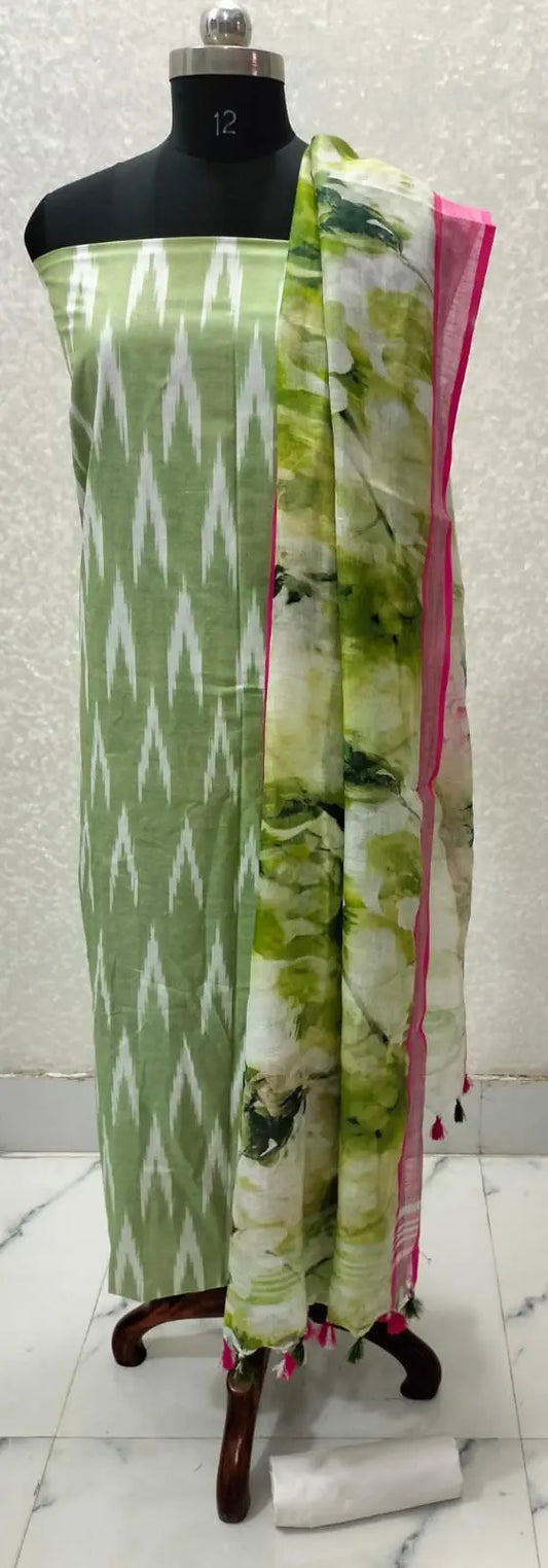 Green Handloom Ikkat Top and Printed Linen Dupatta 2Pc Unstitched Dress Material kihums clothing