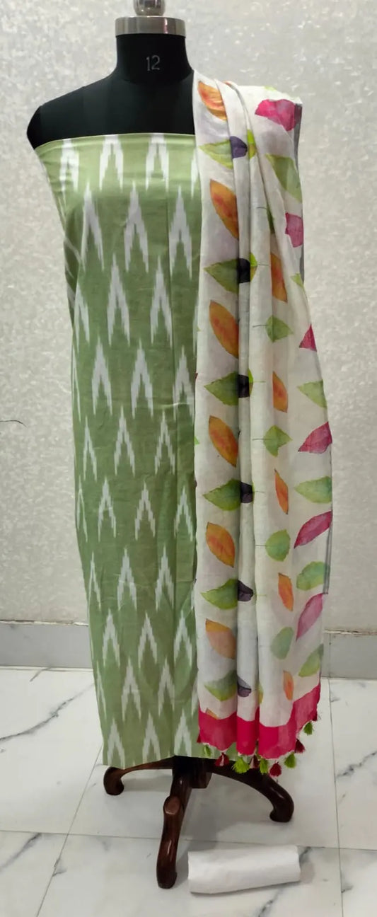 Green Handloom Ikkat Top and Printed Linen Dupatta 2Pc Unstitched Dress Material kihums clothing