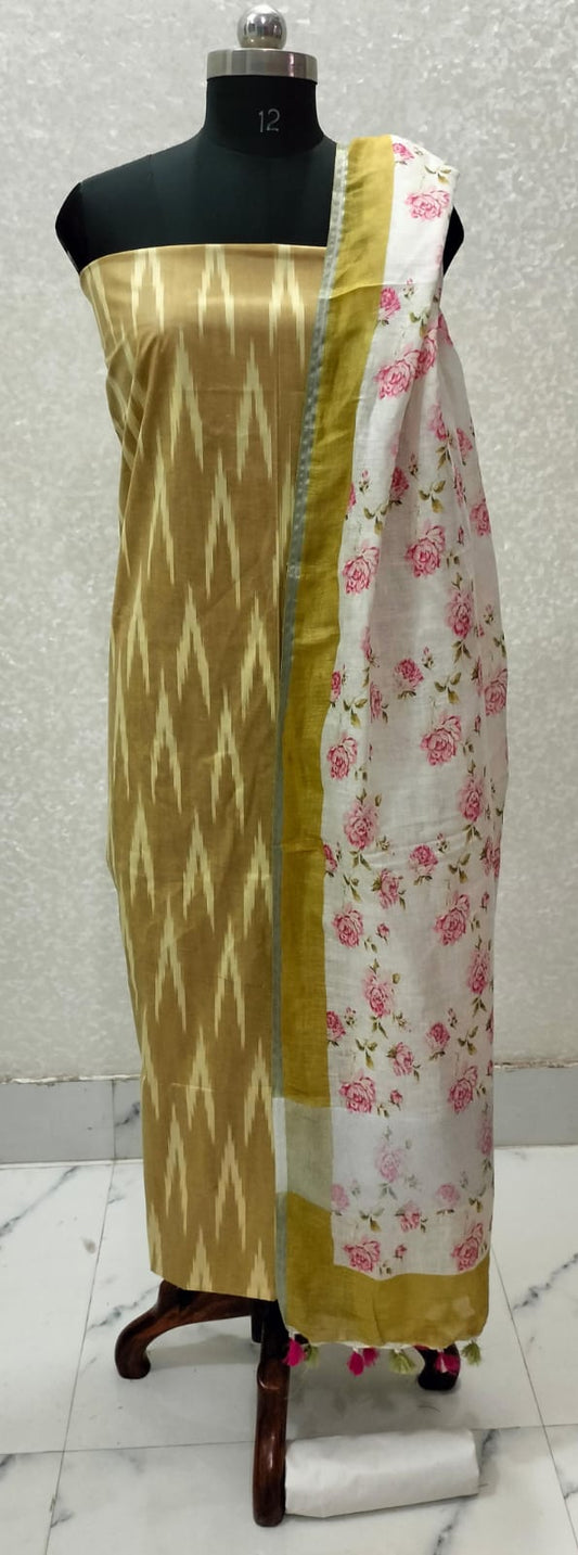 Mustard Handloom Ikkat Top and Printed Linen Dupatta 2Pc Unstitched Dress Material