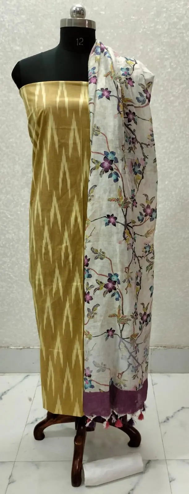 Mustard Handloom Ikkat Top and Printed Linen Dupatta 2Pc Unstitched Dress Material kihums clothing