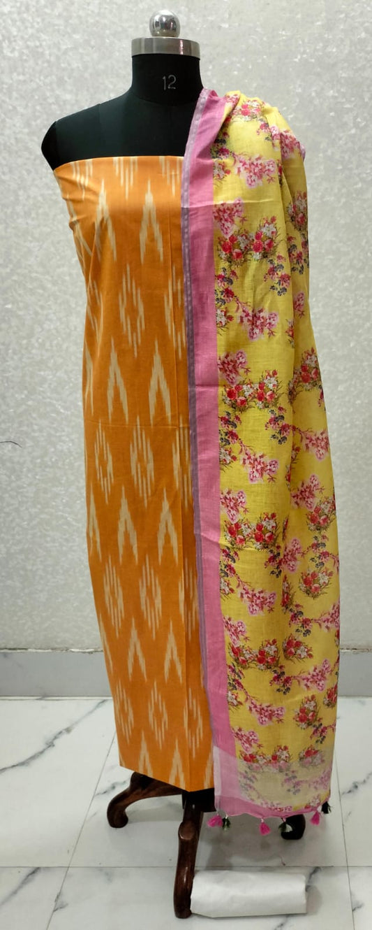 Orange Handloom Ikkat Top and Printed Linen Dupatta 2Pc Unstitched Dress Material